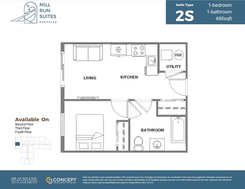 A floor plan for a 2-bedroom, 1-bathroom suite at Mill Run Suites.